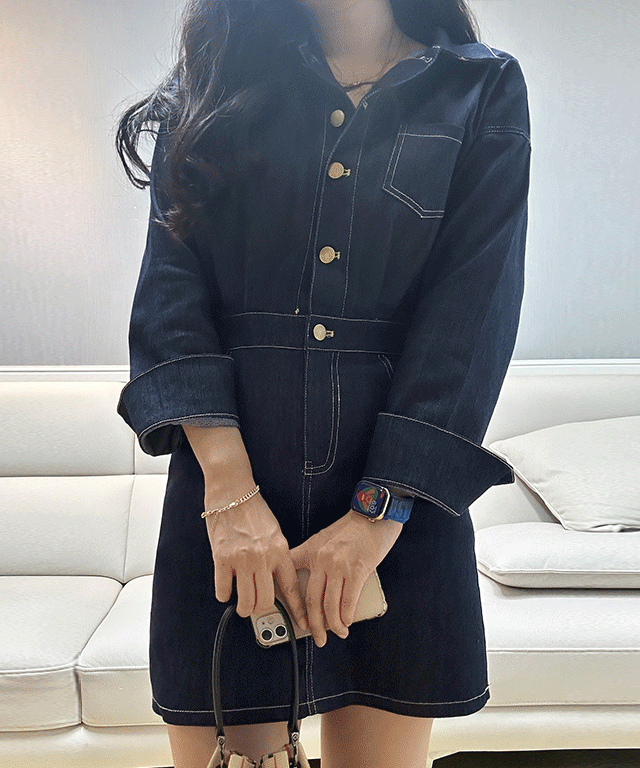 [벚꽃룩] 카라 데님 미니 원피스 청원피스 키작녀 캐주얼 -OP0048- 봄 가을 코디